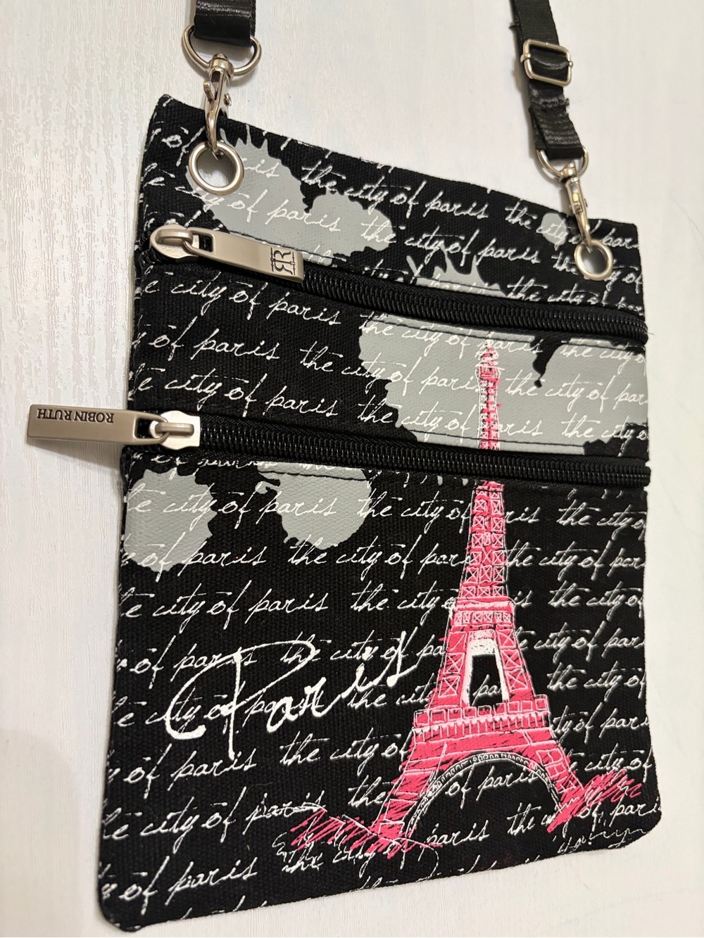 Robin Ruth Black Crossbody Bag with Pink Eiffel Tower Motif